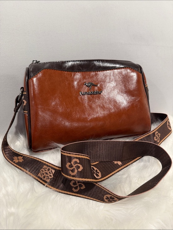 Fumddaishu Handbags - Kangol Brown Leather Crossbody Bag with Patterned Strap